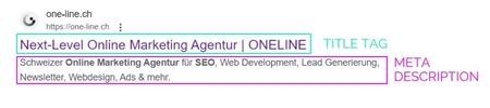 Screenshot of SEO title tag and meta description in SERP
