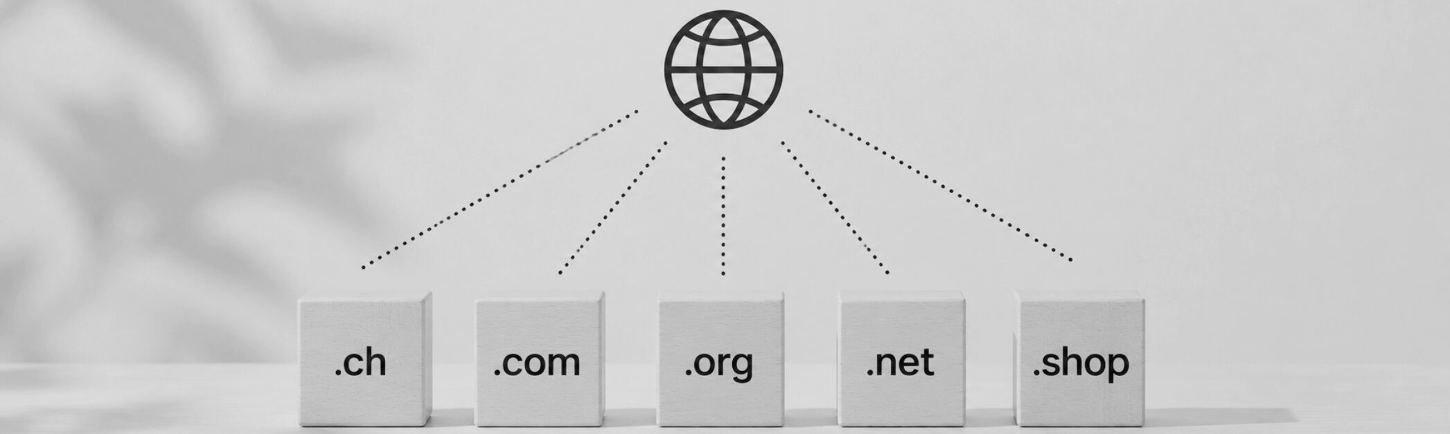 Minimalist illustration of different top-level domains such as .ch, .com, and .org displayed on wooden blocks with a stylized network icon on a light background.