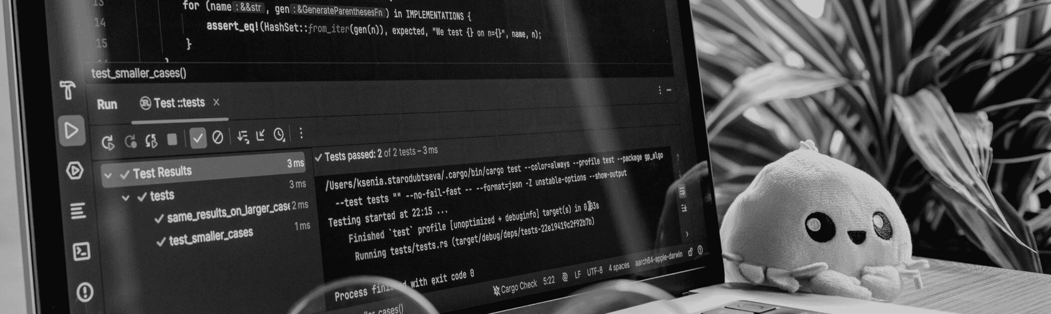 How does vibe coding work: code editor with passing tests and a Rust mascot on a laptop