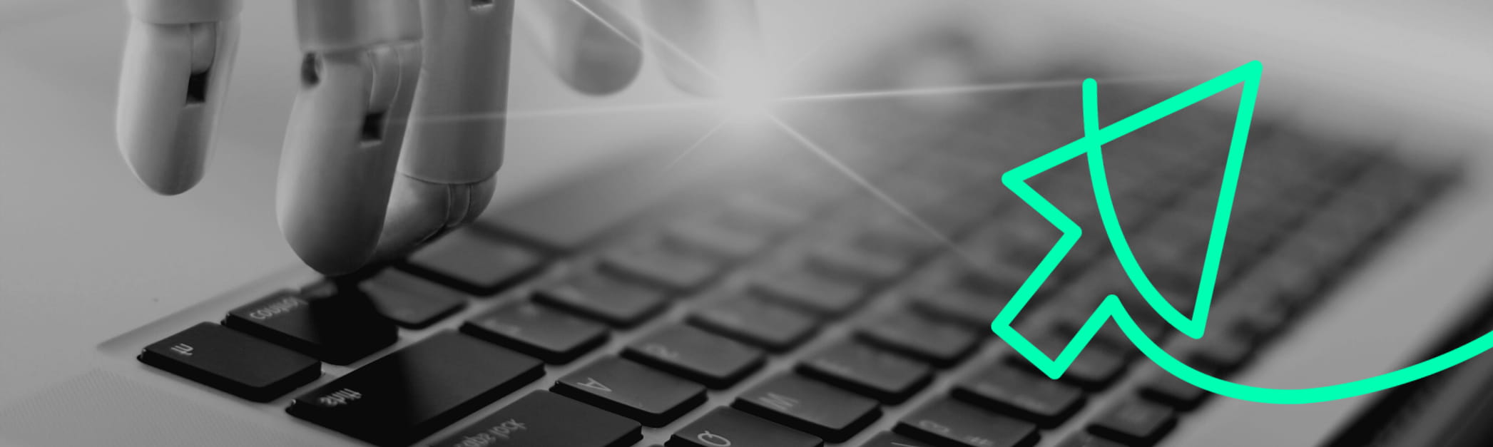 Google Ads Automatisierung - Roboterhand klickt auf Laptop Tastatur