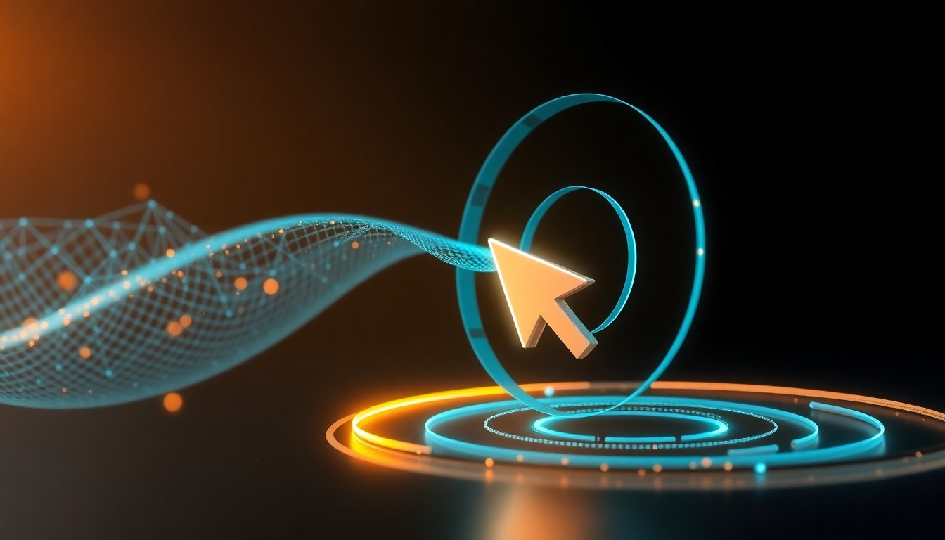 Abstrakte 3D-Visualisierung der Click-Through-Rate als Conversion-Funnel mit Cyan und Gold