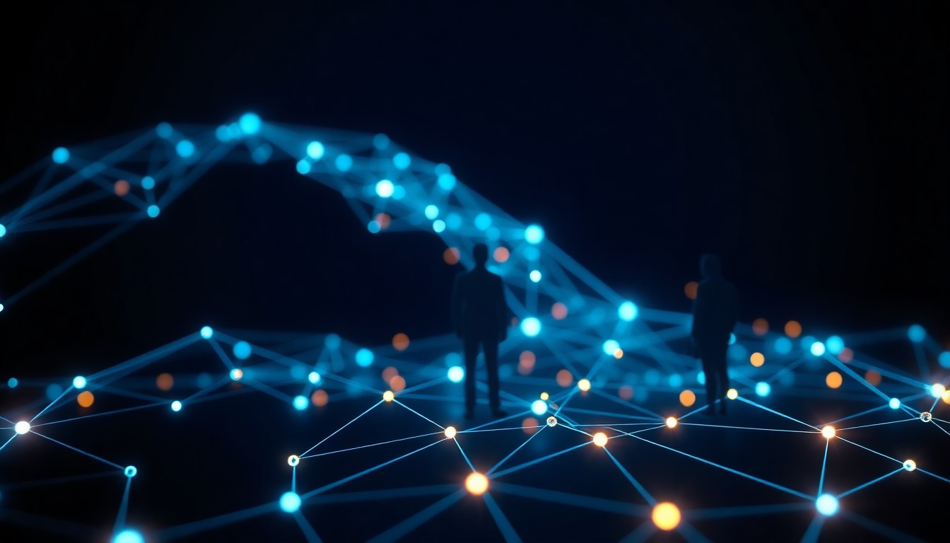 Abstrakte 3D-Visualisierung eines vernetzten B2B-Netzwerks als Sinnbild für LinkedIn