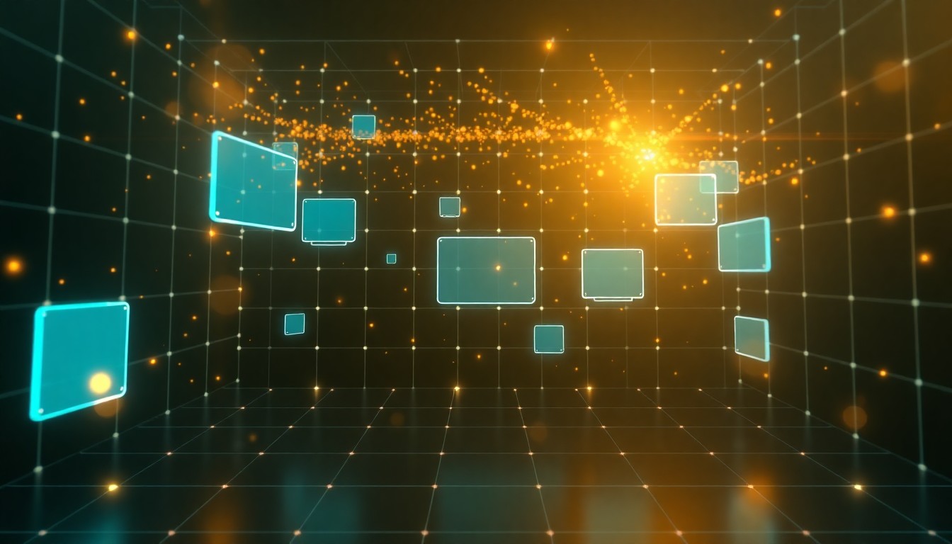 Abstrakte 3D-Visualisierung eines digitalen Werbeplatz-Auktionsmarkts als Sinnbild für Media Buying