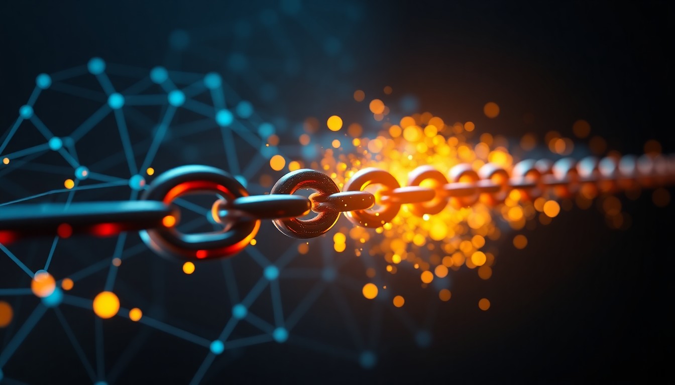 Abstraktes 3D-Bild gebrochener Verbindungen, das Link-Spam und toxische Backlinks symbolisiert